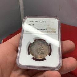 1967 Silver Canadian Howling Wolf Silver Half Dollar Toner NGC graded Choice uncirculated MS-62 with some neon toning obverse!!~(IVID#1440/KSWX//OFRUP
