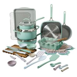 The Pioneer Woman Ceramic Nonstick Cookware and Bakeware Set, Sutton 34-Piece, Green