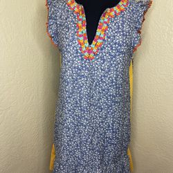 THML Blue White Yellow Embroidered Flutter Sleeve Dress SZ Medium