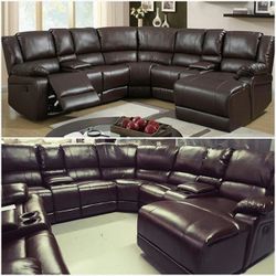 BROWN LEATHER SECTIONAL WITH CHAISE AND RECLINER NEW