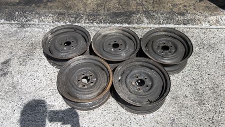 Five Mopar 5 On 4 Lug Small bolt pattern 14x4.5 Inch Stock Steelies