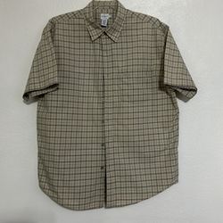 Calvin Klein Jeans Man’s Botton-Down Shirt, Size Large, 100% Cotton, Short Sleeve, Beige and Brown Plaid. The pocket has been sewn up, see photo.