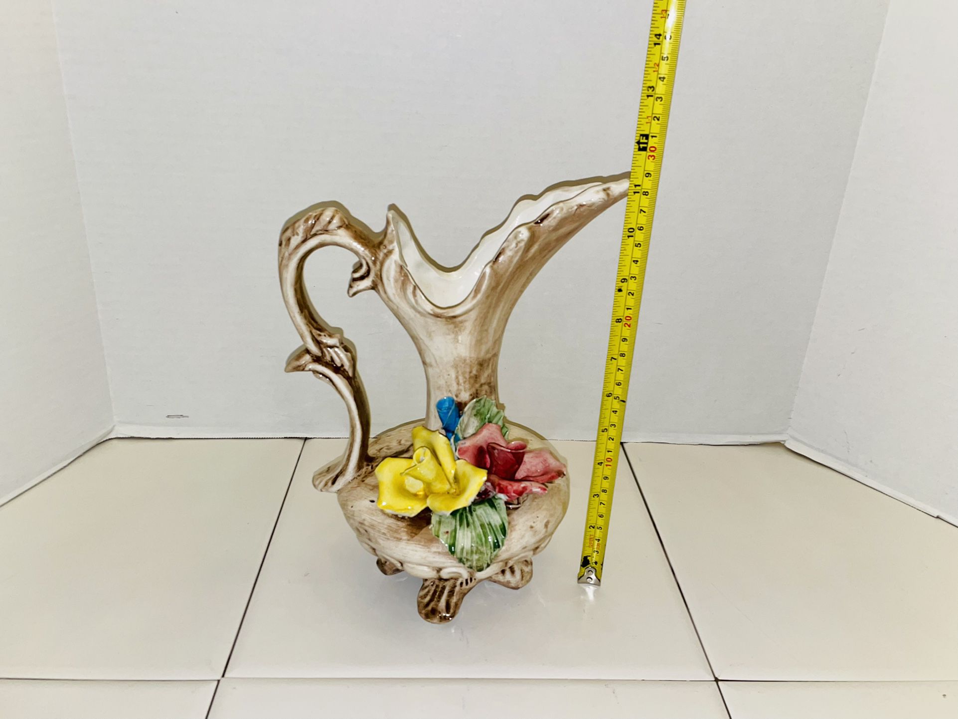 Vintage MCM Mid Century Capodimonte Italy Fine Porcelain Rose Flowers Footed Pitcher Vase