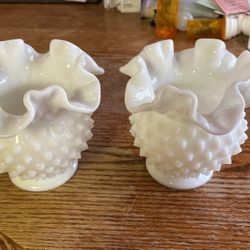 2 Hobnail Milk Glass Ruffled Edge Rose Bowl
