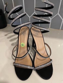 Black Rhinestone Spiral Wrap Heeled Sandals