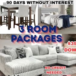 NEW 3 ROOM PACKAGE DEAL- BED MATTRESS DINING ROOM SECTIONAL SOFA 