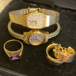 Silver earrings, 2 small watches, costume ring