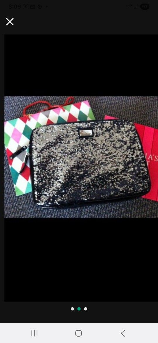 NEW Nine West Sequin Silver Black Reversible Double Side Laptop Computer iPad Protection Pad Case Travel Trip Accessories Purse Bag Pouch