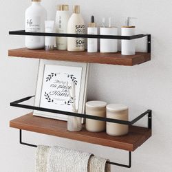 Wood Floating Shelves Wall Mounted - 2+1 Tier Rustic Bathroom Wall Shelves Over Toilet with Towel Bar, Natural Wood Set of 2 Farmhouse Floating Shelf