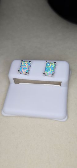 Natural Aqua Opal Emerald Cut Earrings in 925 Sterling Silver