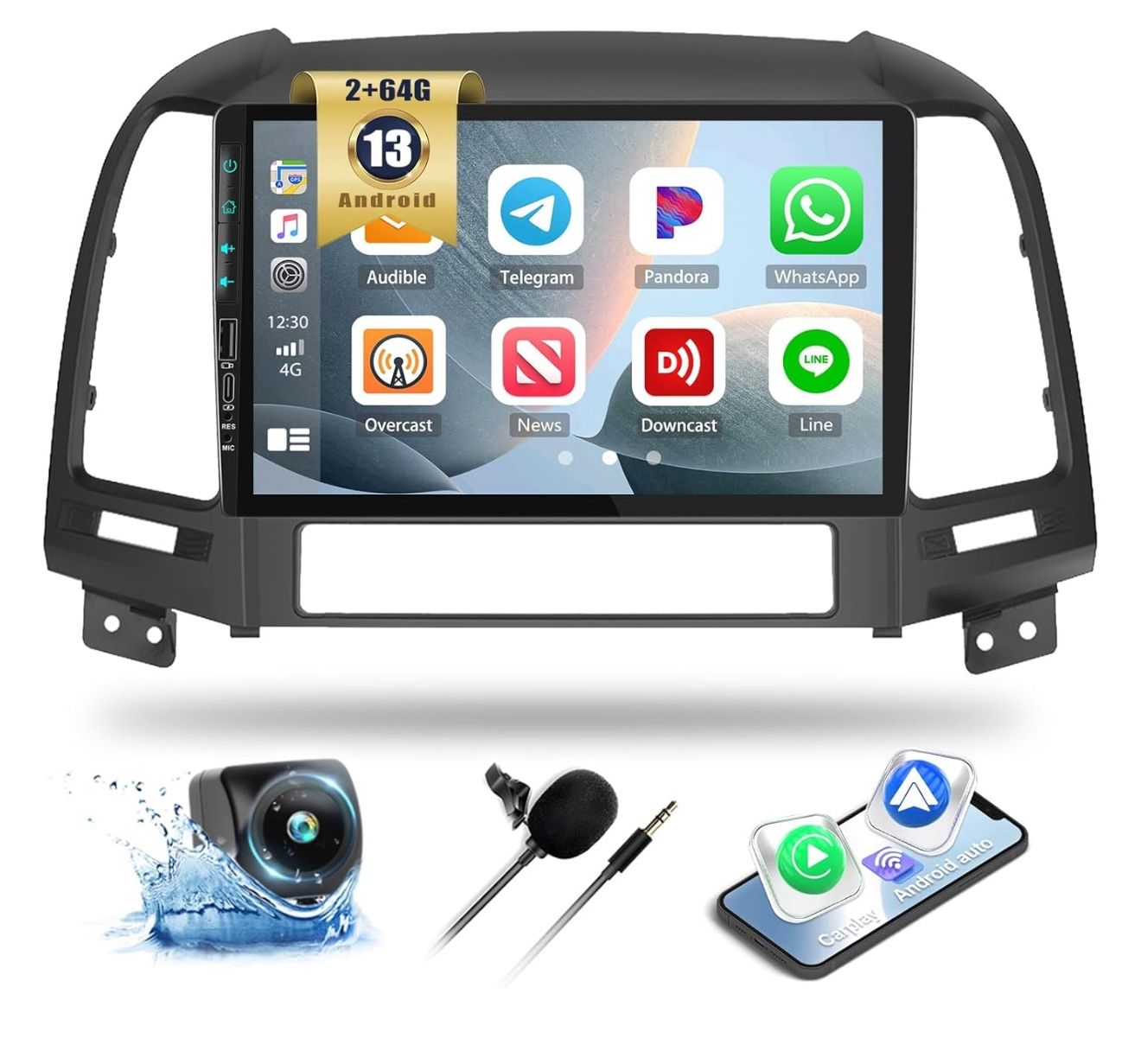 2+64G Android 13 Car Stereo Radio for Hyundai Santa Fe 2006-2012 with Wireless CarPlay Android Auto 9" Touchscreen Car Radio with GPS Navigation Bluet