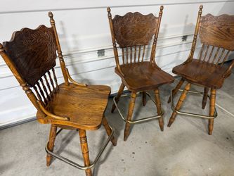 Set of 3 Oak Wood Carved Bar Stools