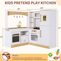 Corner Play Kitchen for Kids, Wooden Pretend Toy Kitchen, Large Toodler Cooking Playset w/Refrigerator, Stove w/Light & Sound, Disinfection Locker, Wa