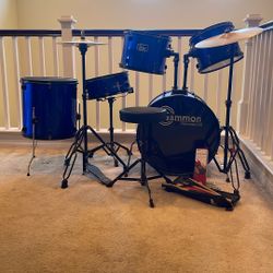 Like New!! Gammon Percussion Full Size Complete Adult 5-Piece Drum Set with Cymbals, Stands, Stool, and Sticks - Blue W Extras!!! Evans Sound Off Pads