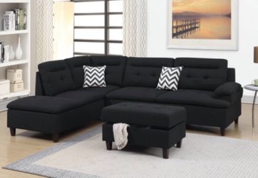 Modern Black sectional sofa with storage ottoman linen- like fabric material