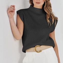ANRABESS Women's Mock Neck Sleeveless Sweater Vest Casual Solid Cap Sleeve Knit 