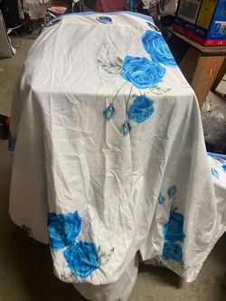 White Curtain Panel with Blue Rose Print
