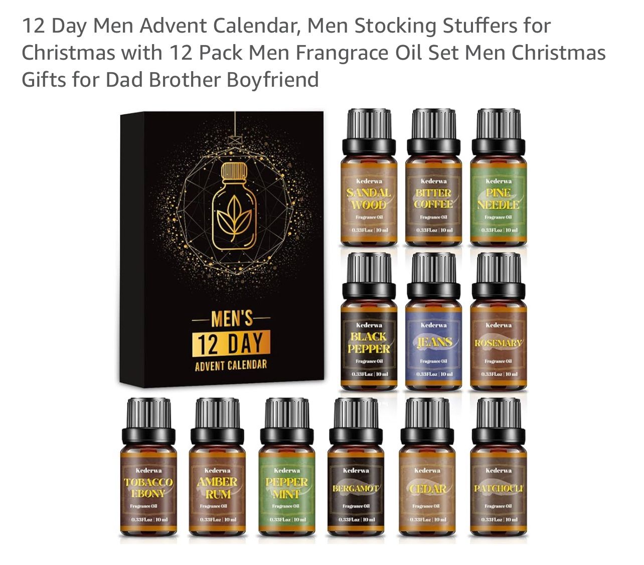 Discover the Men’s 12 Day Advent Calendar Fragrance Oil Set. Featuring a variety of scents, this set is perfect for gifting. The sleek black and brown
