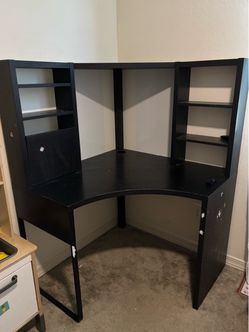 Black Corner Office Desk with Hutch Shelving