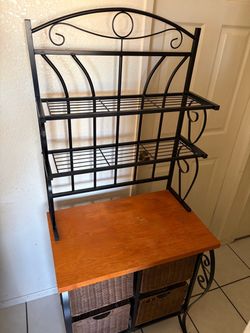 Metal Baker's Rack with Wood Shelf and Wicker Baskets
