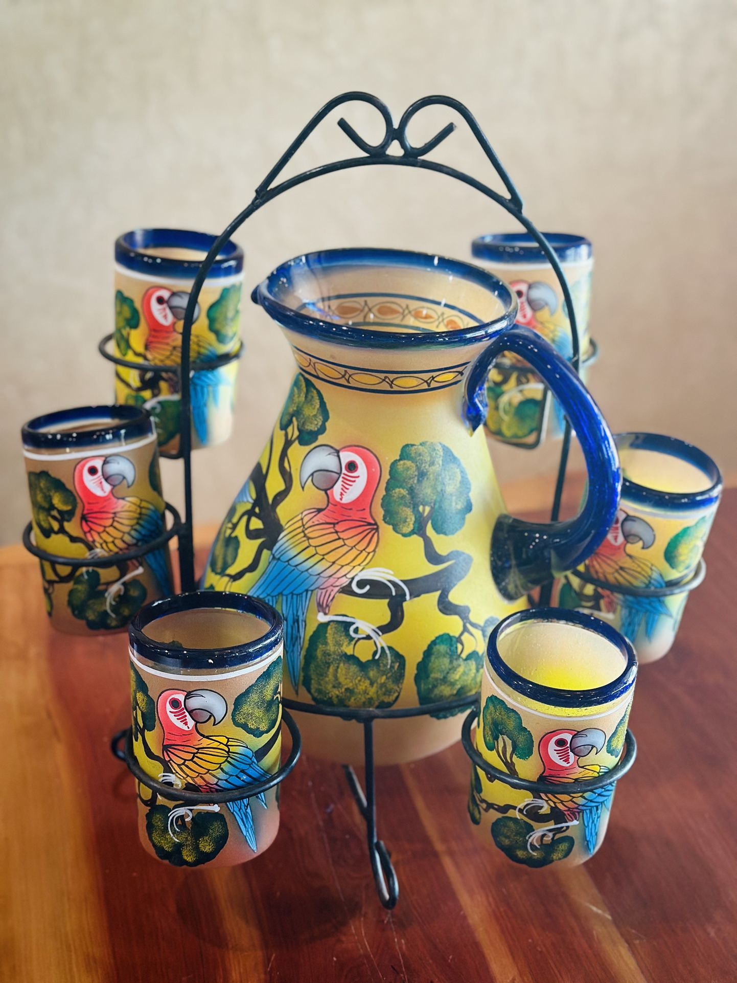 Vintage Mexican blown hand painted glass pitcher & glass set