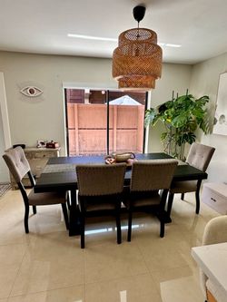 Dark Wood Dining Table with 4 Upholstered Chairs & Bench