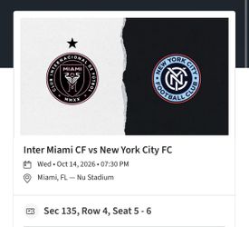 2 tickets Inter Miami CF vs New York City FC Wed • Oct 14, 2026 • 07:30 PM Miami, FL — Nu Stadium