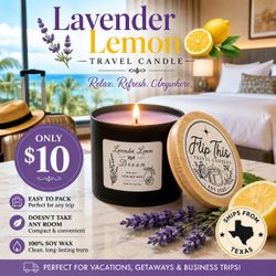Lavender Lemon Dream 4oz Travel Candle 100% Soy Wax Matte Black Tin with Lid Made in USA
Experience a refreshing blend of calming lavender and bright