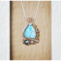 Handmade Wire Wrapped Necklace Pendant With Crystals 