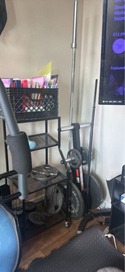 Weights and weighted squat bar  with rack and storage