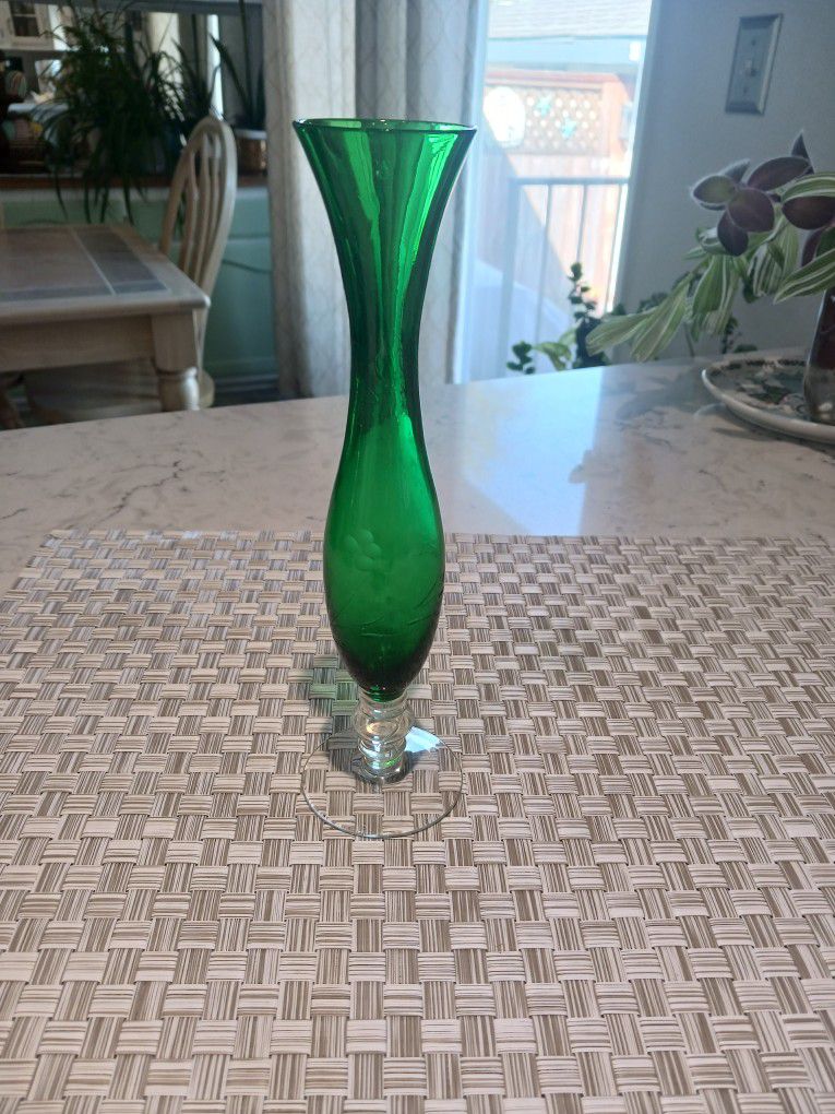 Vintage Tall Green Vase With Etched Floral Design