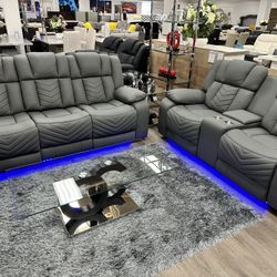 FURNITURE DEAL Gray Power Reclining Sofa & Loveseat Set (Drop Down Console, Charging Ports, Led Lights, & Cupholders)!