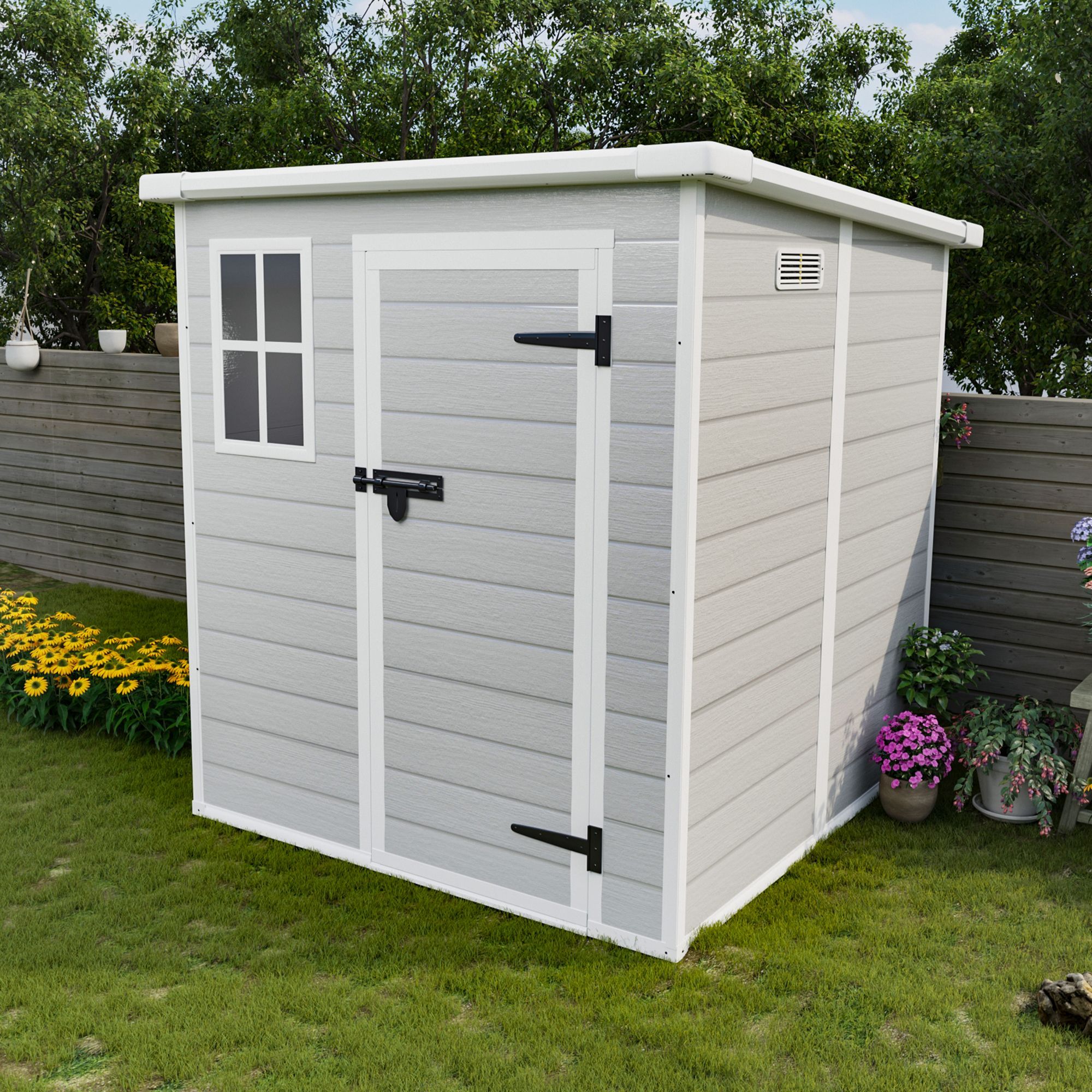 6x6 FT Storage Shed, Waterproof Resin Outdoor Storage Shed with Floor & Window & Lockable Doors and Vents, Tool Shed for Bike, Garden, Backyard,Lawn,