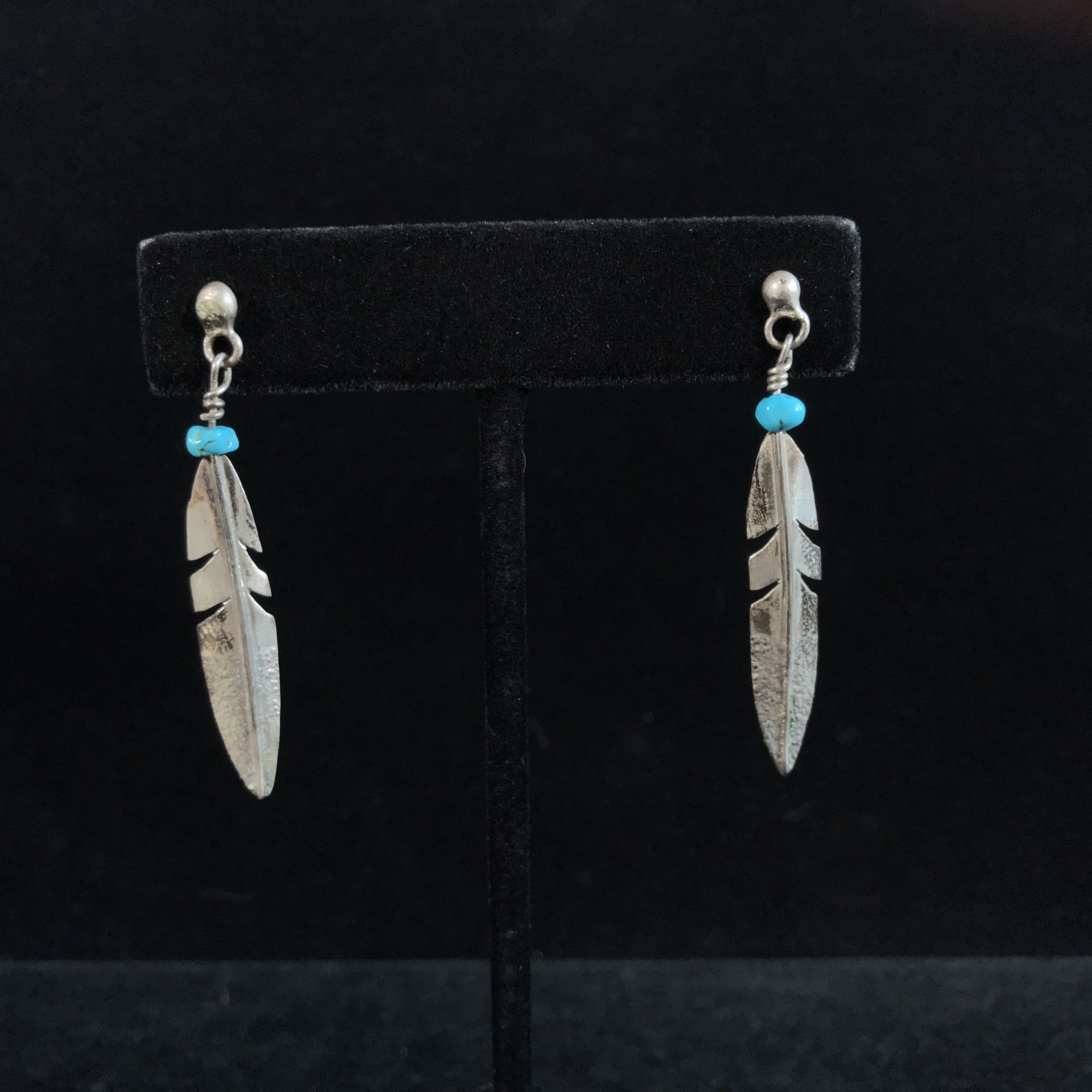 South Western  Turquoise Sterling 925 Feather Earrings Melvin Vandever Handmade