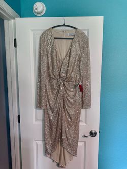 NWT IEENA for Mac Duggal Champagne Sequin Twist Front Midi Dress Size 16