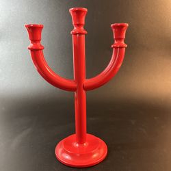 Vtg Swedish Folk Art Wood Red 3-Arm Candle Holder Candelabra Christmas 14" MCM