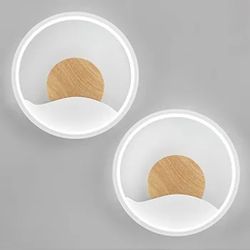 Modern Round Wall Sconce Set of Two White Wood Wall Lights Indoor LED Vanity Light Fixture for Bedroom Living Room Bathroom