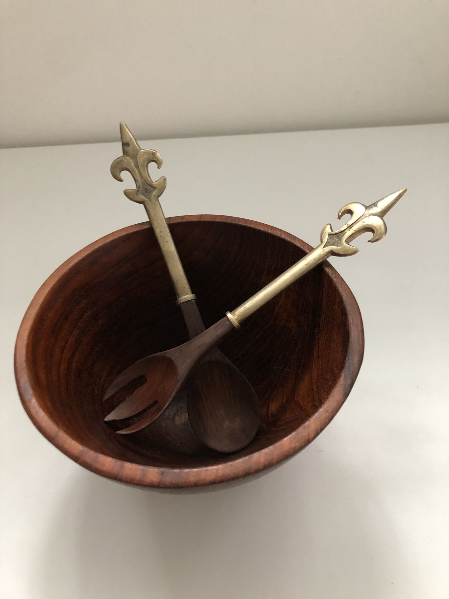 Vintage Wooden Bowl With Serving Spoon And Fork
