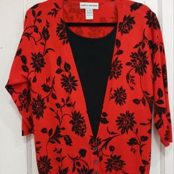 Red Cathy Daniel's Sweater With Black Floral Print & Attached Black Tank. Large