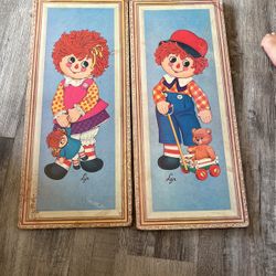 Vintage Pair Raggedy Ann And Andy Wall Plaques Pictures 