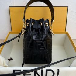 FF Fendi Embossed Mini Mon Tresor Bucket Bag Black