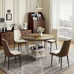 VFK 47'' Round Dining Table Set for 4-6, Farmhouse Kitchen Table with 4 Chairs & Storage Rack, Rustic Wood Dining Set with Sturdy Metal Base for Dinin