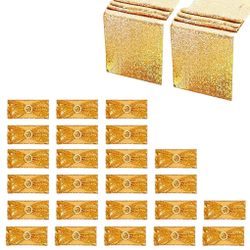Aulufft 24 Pcs Gold Sequin Chair Sashes And 2 Pcs Sequin Table Runners Set Chair Slider Elastic Cover Bands With Bows Glitter Sashes For Party Wedding