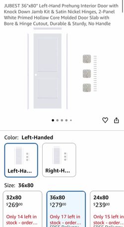 JUBEST 36"x80" Left-Hand Prehung Interior Door with Knock Down Jamb Kit & Satin Nickel Hinges, 2-Panel White Primed Hollow Core Molded Door Slab with 