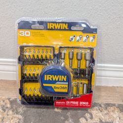 Irwin 30-Piece Screwdriver Bit Set, model number IWAF1230, which includes a bonus 26-foot tape measure