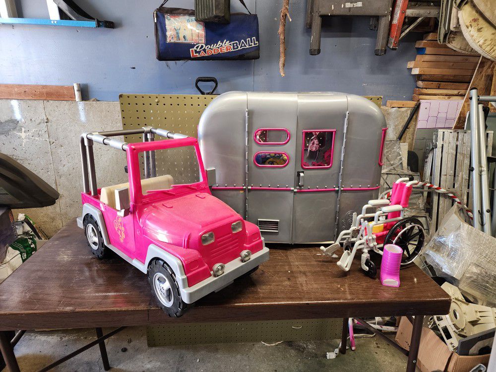 18" (American girl) Doll Camper, Jeep And Accessories