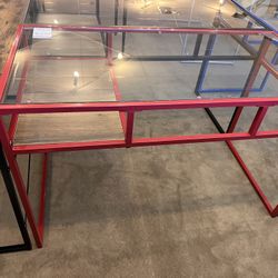 💥NEW💥Tempered Glass Top Desk, Red Metal Legs w/shelf🔥BIG SALE🔥Everything is 50%OFF🔥