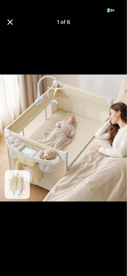 New In Box 5-in-1 Pack n Play, Baby Bassinet Bedside Sleeper, 3 Height Adjustable Baby Crib with Diaper Changer, Storage Bag & Music Box, Portable Bas