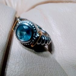 Aquamarine 💯925 Italian Silver Ring 💍 14 Kt Gold.Size 7🆕