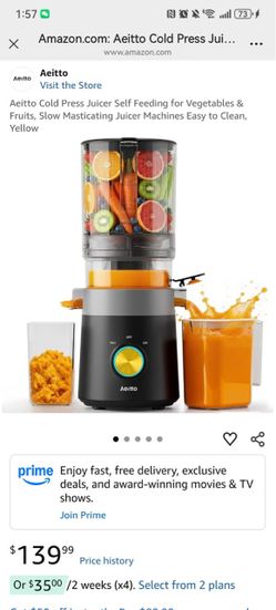 Aeitto Cold Press Juicer Self Feeding for Vegetables & Fruits, Slow Masticating Juicer Machines Easy to Clean, Yellow